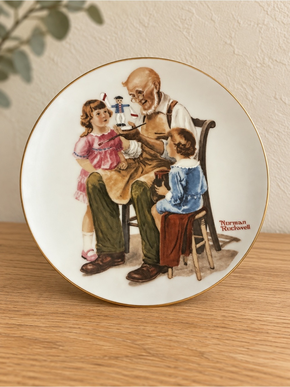 Classic Norman Rockwell Plate - Cream, Brown, Green, Blue, Pink, Gold
